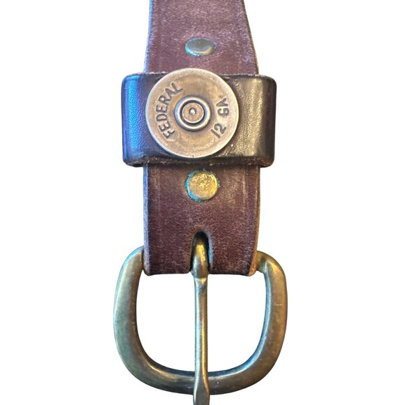 Vintage Federal 12 GA Bullet Casing Leather Belt With Brass Buckle - Picture 2 of 5
